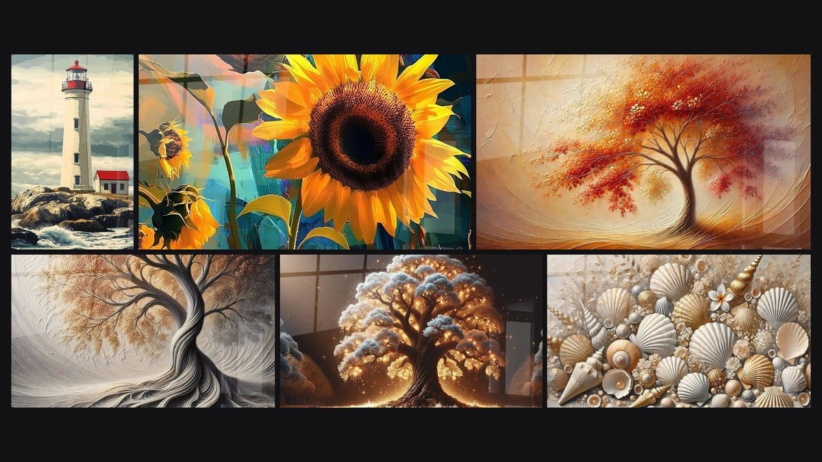 Mosaico di sei quadri, tra cui Faro N°3, Girasole N°1 e Respiro della Terra