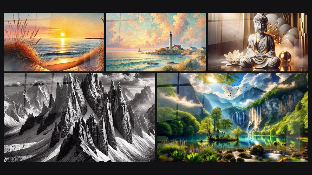 Mosaïque de cinq tableaux, dont Quand le Jour S’endort, À l’Ombre des Géants et Aube sur le Phare