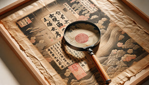 Gros plan d'une estampe japonaise ukiyo-e authentique montrant texture du papier washi, pigments naturels vieillis et sceau d'artiste traditionnel