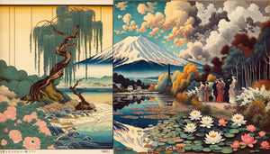 Comparaison visuelle entre estampe japonaise ukiyo-e et paysage impressionniste français montrant l'influence du japonisme