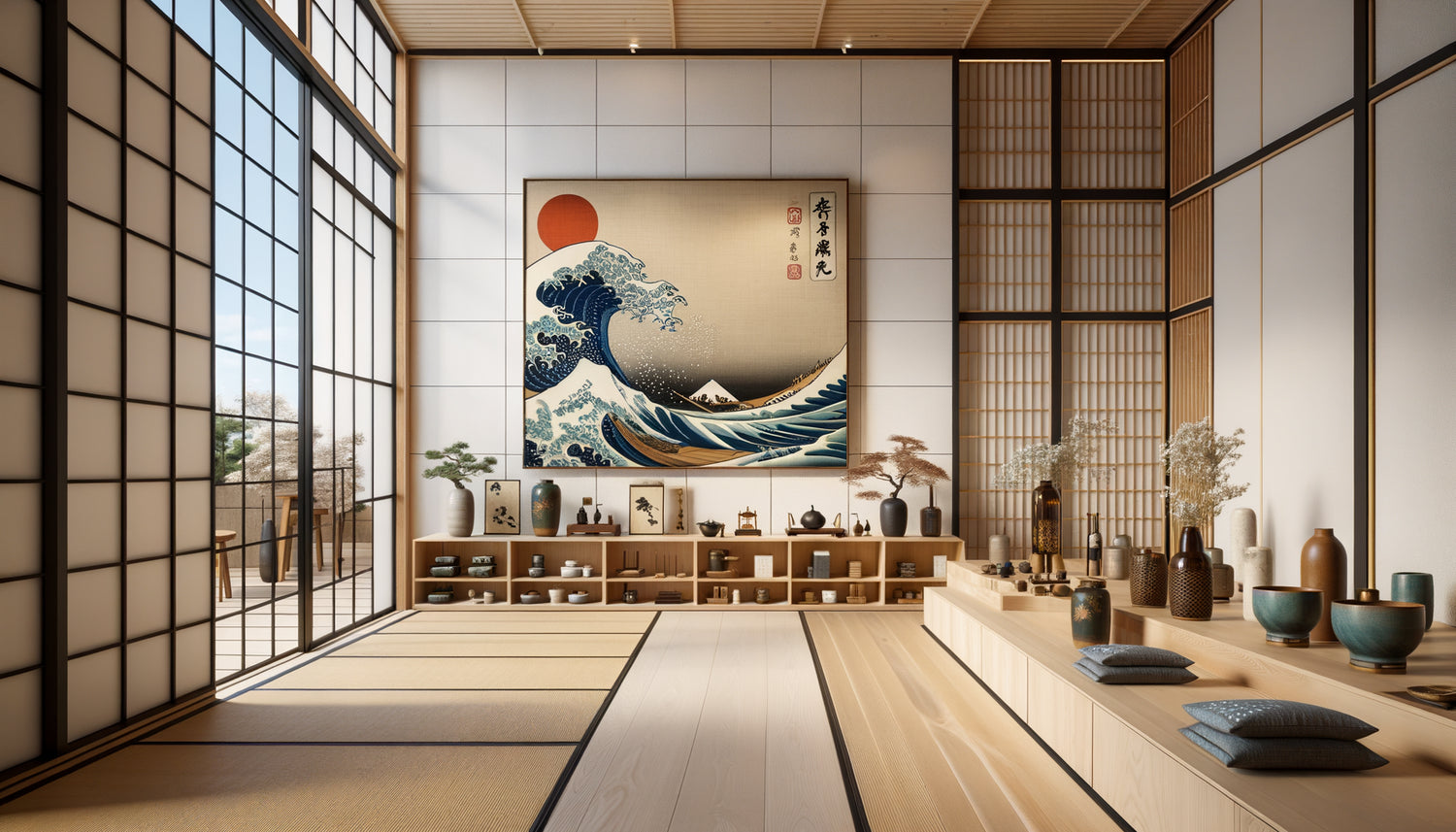 Estampe ukiyo-e traditionnelle japonaise exposée dans une boutique contemporaine minimaliste, dialogue entre art ancien et design moderne