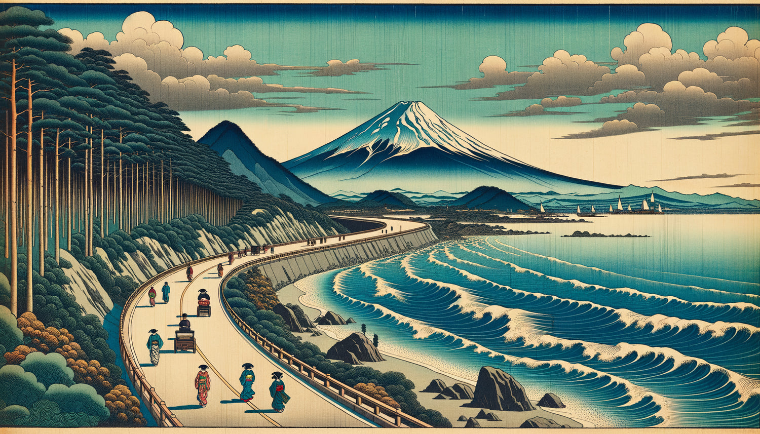 Estampe ukiyo-e panoramique d'Hokusai style période Edo, intégrant le concept japonais du ma et narration spatiale horizontale