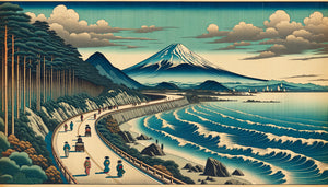 Estampe ukiyo-e panoramique d'Hokusai style période Edo, intégrant le concept japonais du ma et narration spatiale horizontale