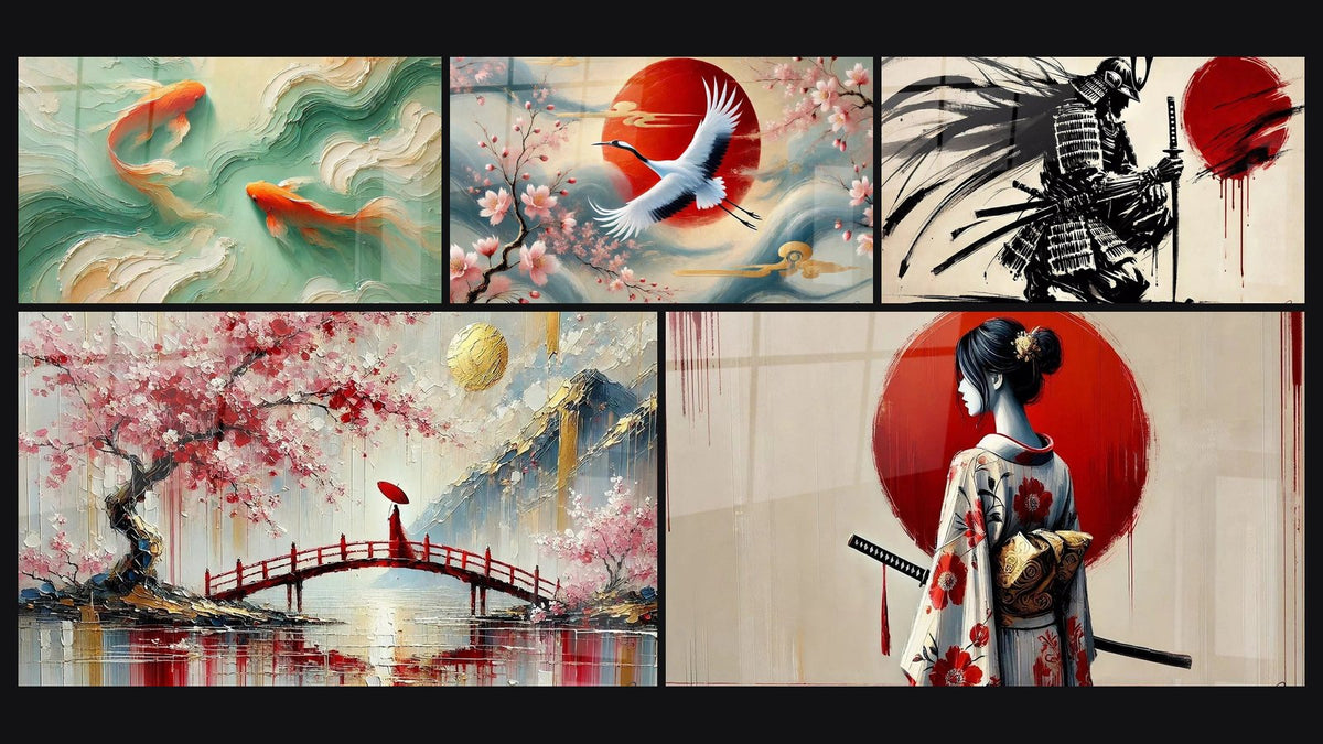 Mosaico di cinque quadri, tra cui Koi in Simbiosi, Sotto il Cielo del Giappone e Passaggio sotto il Sakura