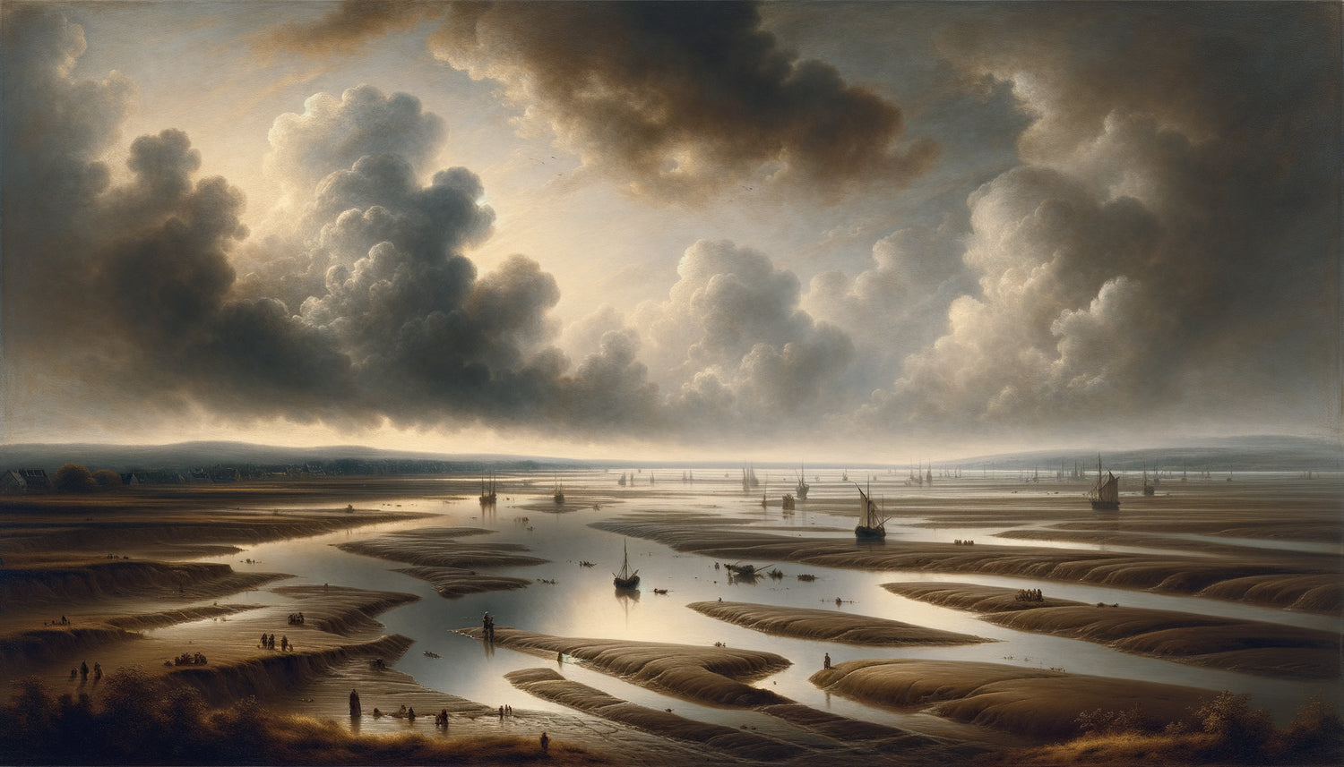 Peinture d'estuaire boueux du Siècle d'Or hollandais, tons gris-brun, ciel dramatique, style Jan van Goyen XVIIe siècle