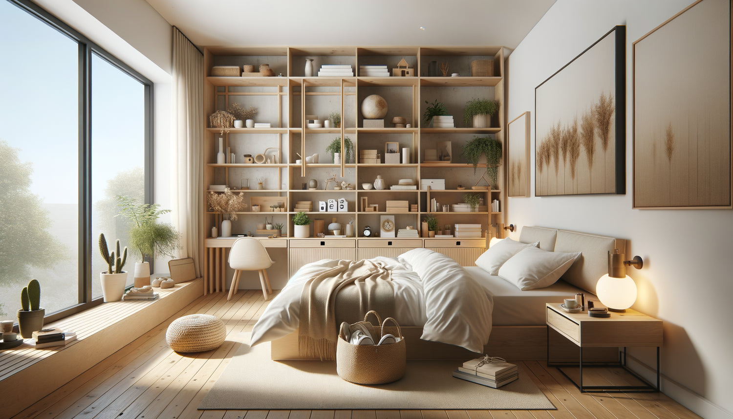 Chambre Airbnb moderne avec étagères murales ouvertes en bois, rangement organisé et atmosphère minimaliste accueillante