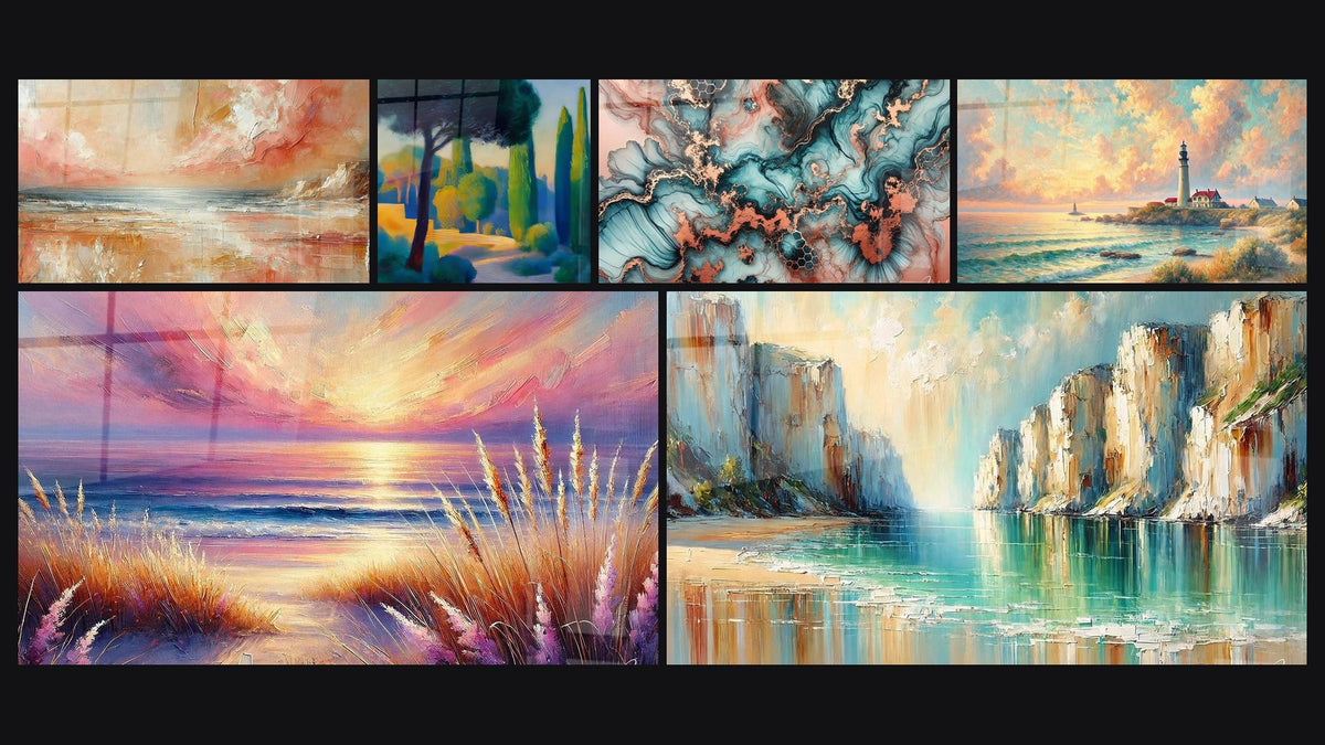 Mosaico di sei quadri, tra cui Dolcezza d'Ambra, Paesaggio mediterraneo e Mare di Rame