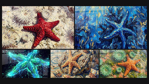 Mosaïque de cinq tableaux, dont Étoile de Mer Lumineuse Turquoise et Verte