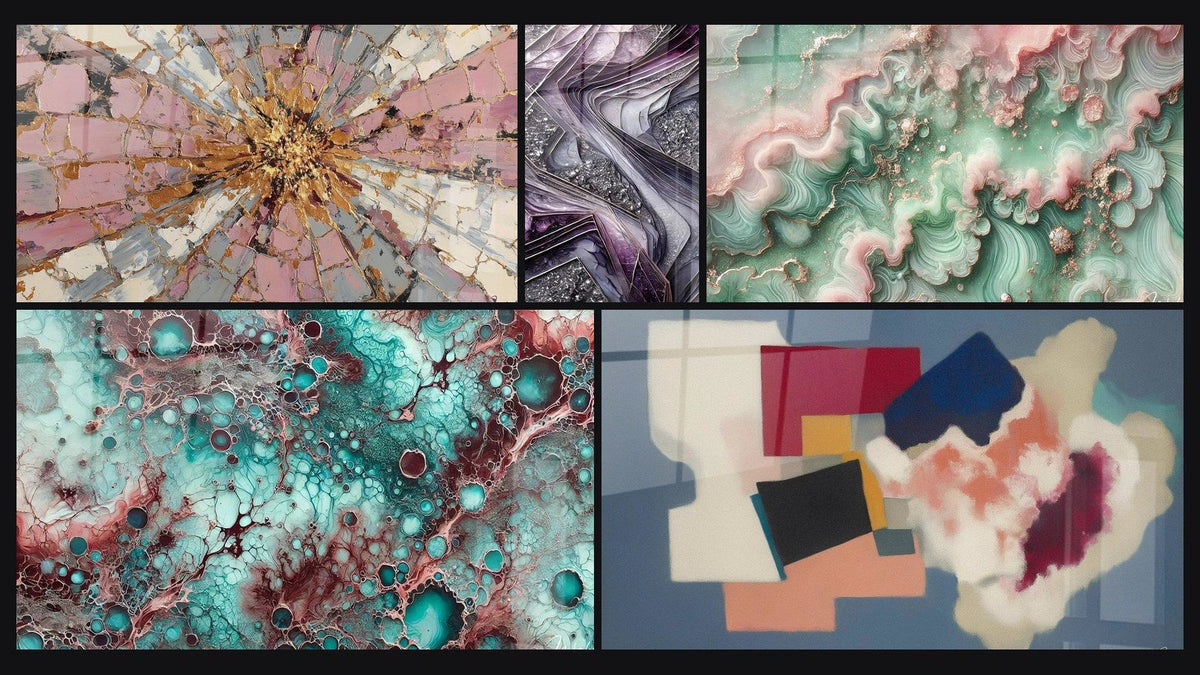 Mosaïque de cinq tableaux, dont Explosion Rose et Or à Centre Rayonnant, Essence de Grenat et Lames de Quartz