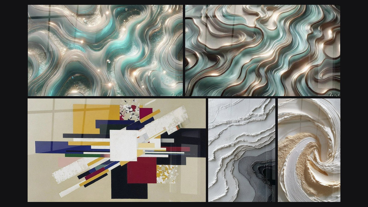 Mosaico de cinco cuadros, entre ellos Ondas Centelleantes, Composición Geométrica Tensión Creativa y Curvas Etéreas