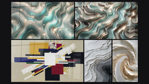 Mozaïek van vijf schilderijen, waaronder Sprankelende Golven, Geometrische Compositie Creatieve Spanning en Etherische Curves