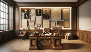 Bureau notarial élégant alliant patrimoine historique centenaire et design contemporain avec archives encadrées et documents anciens