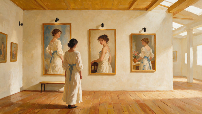 Un visiteur de dos devant plusieurs portraits de jeunes femmes en robes claires, accrochés dans une salle de musée lumineuse.