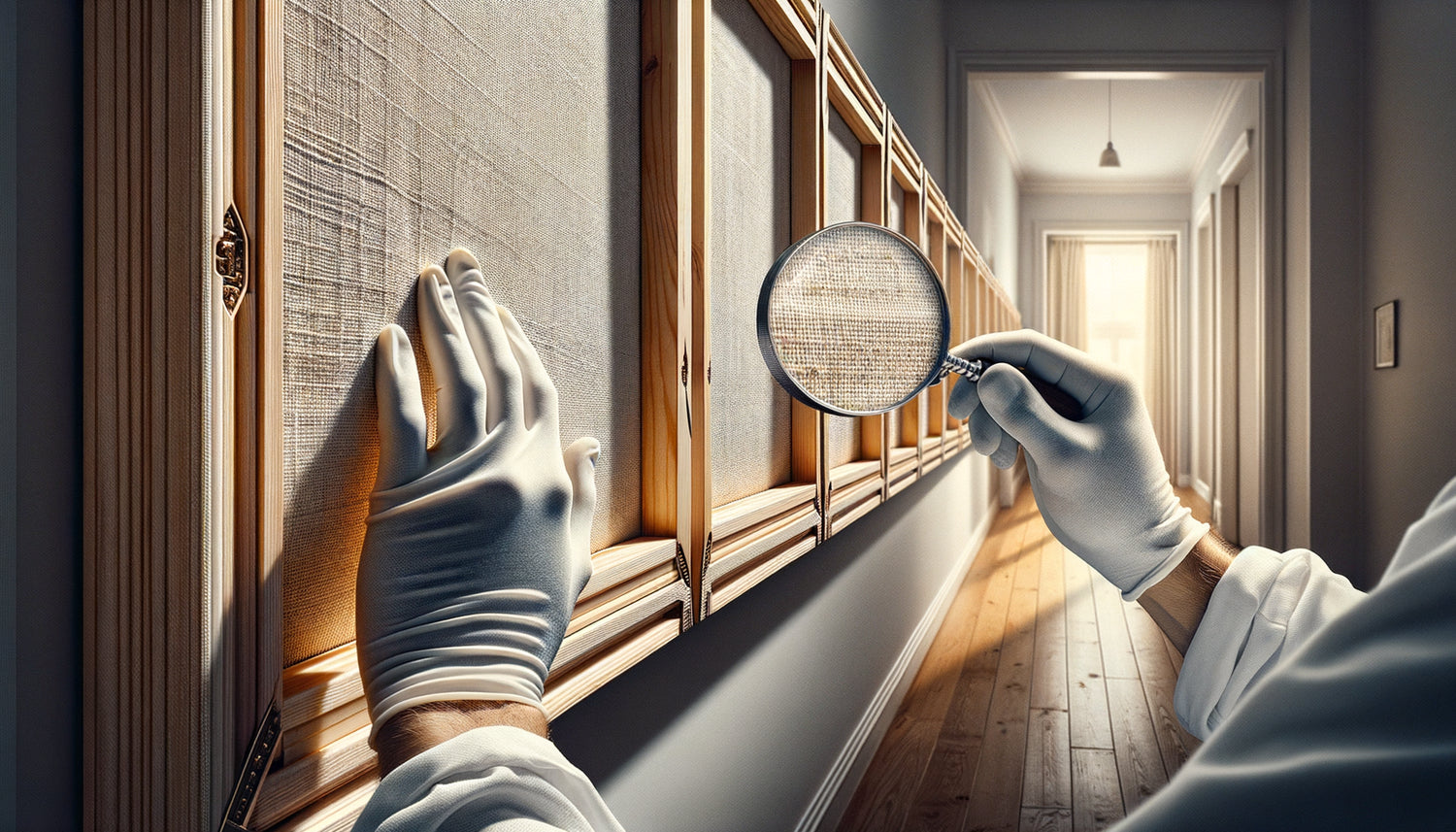 Examen technique d'un tableau par un expert évaluant la qualité du châssis et de la toile pour durabilité