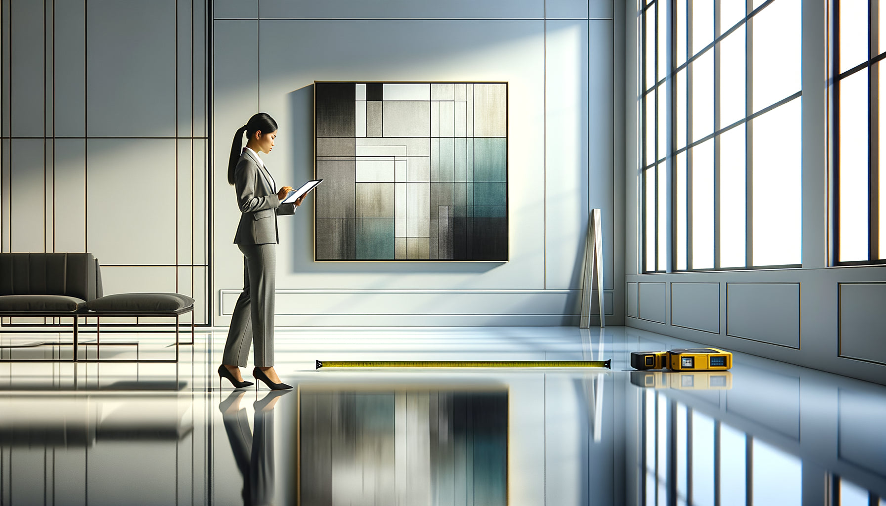 Auditeur professionnel évaluant l'impact d'un tableau contemporain sur la perception de propreté d'un espace corporatif moderne