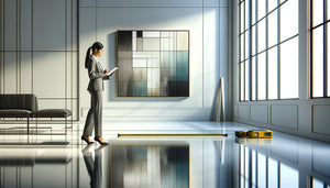 Auditeur professionnel évaluant l'impact d'un tableau contemporain sur la perception de propreté d'un espace corporatif moderne