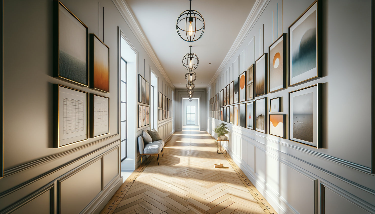 Couloir moderne avec tableaux disposés stratégiquement pour modifier la perception visuelle de longueur