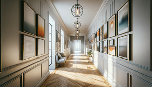Couloir moderne avec tableaux disposés stratégiquement pour modifier la perception visuelle de longueur