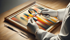 Expert examinant à la loupe la qualité technique d'une peinture abstraite contemporaine pour évaluation patrimoniale