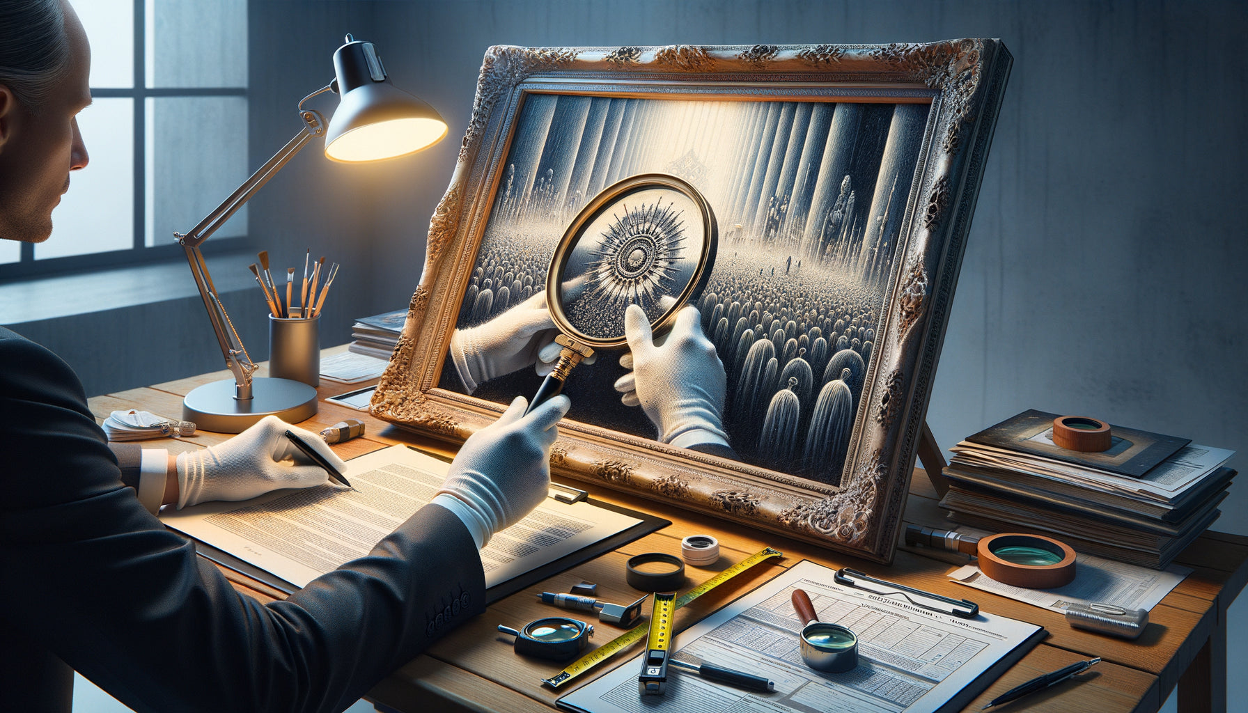 Expert en gants blancs examinant un tableau à la loupe pour en évaluer le prix et l'authenticité
