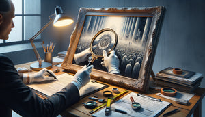 Expert en gants blancs examinant un tableau à la loupe pour en évaluer le prix et l'authenticité