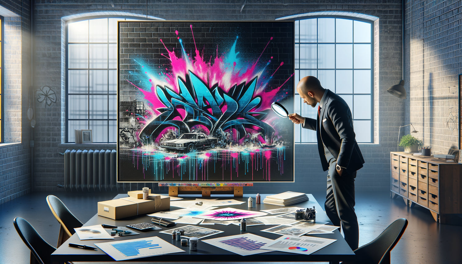Expert évaluant un tableau street art original avec bombes et stencils dans un studio d'art urbain contemporain