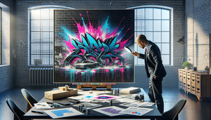 Expert évaluant un tableau street art original avec bombes et stencils dans un studio d'art urbain contemporain