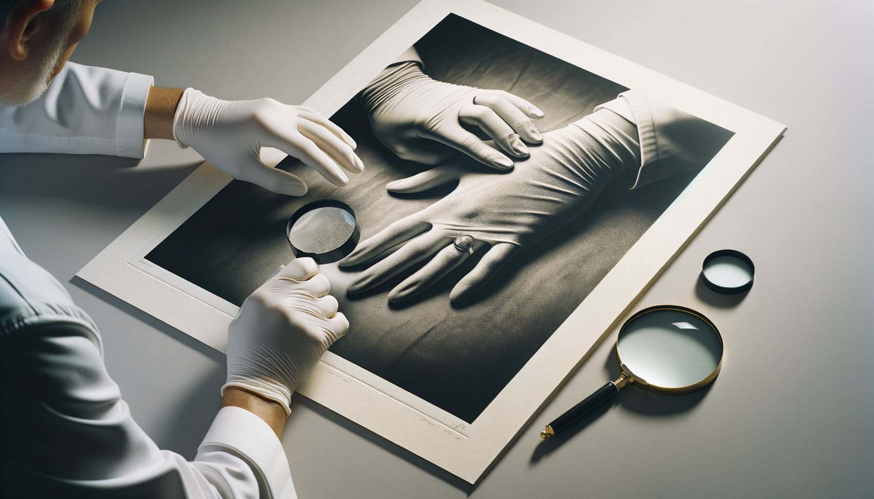 Examen professionnel d'une impression photographique Fine Art avec gants blancs, évaluation de la qualité du papier et des encres pigmentaires