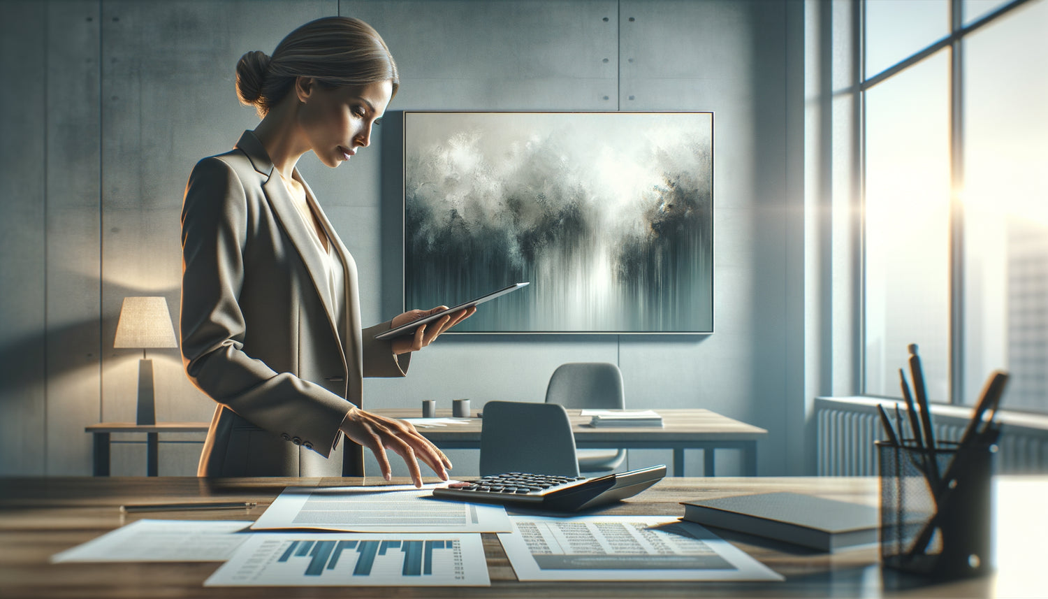 Professionnel évaluant avec calculatrice le rapport qualité-prix d'un tableau pour espace de travail moderne