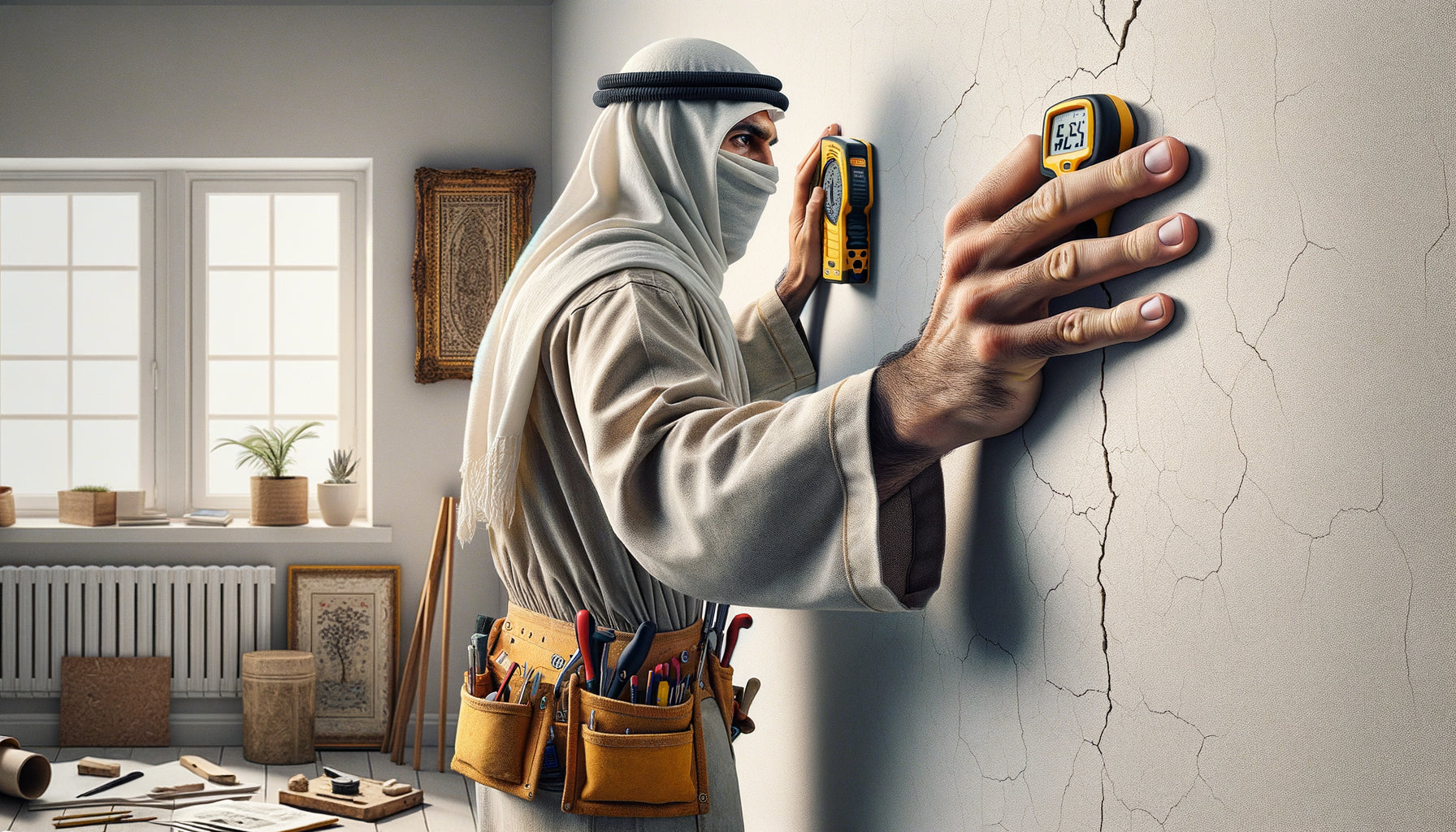 Professionnel testant la solidité d'un mur en plâtre avant accrochage de tableau lourd avec détecteur de montants