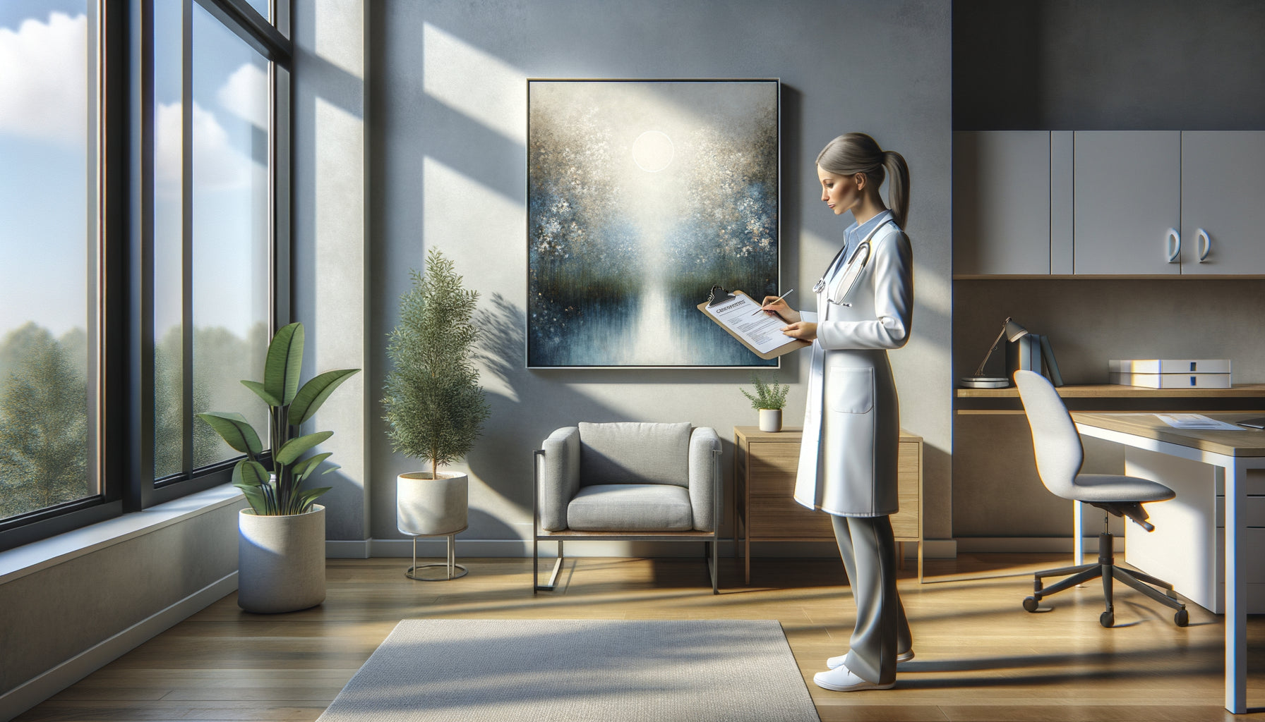 Praticien médical évaluant un tableau thérapeutique apaisant dans un cabinet moderne avec grille de critères d'impact émotionnel