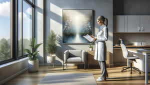Praticien médical évaluant un tableau thérapeutique apaisant dans un cabinet moderne avec grille de critères d'impact émotionnel