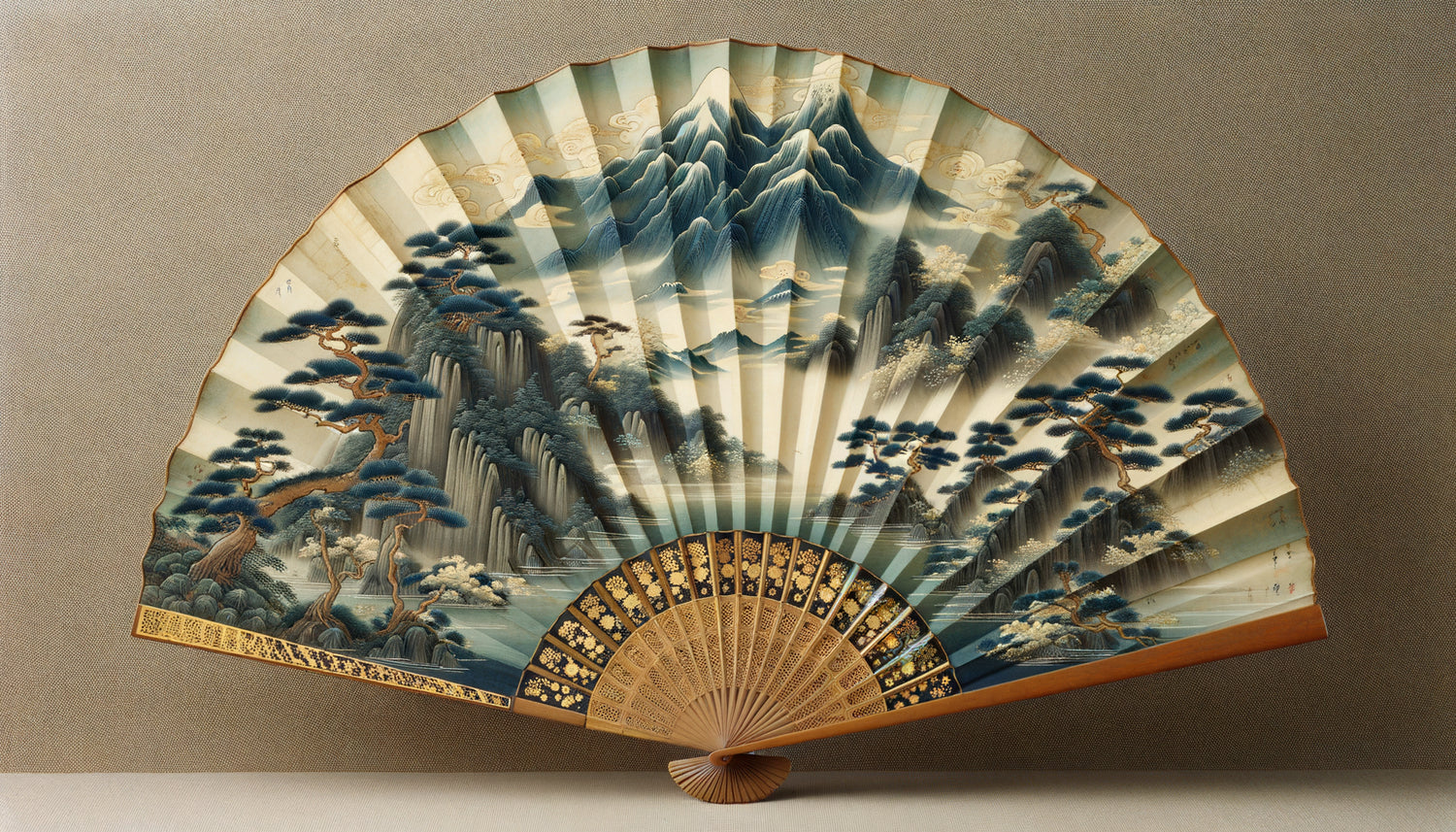 Éventail japonais époque Heian avec paysage peint en style yamato-e, montagnes brumeuses et pins délicats