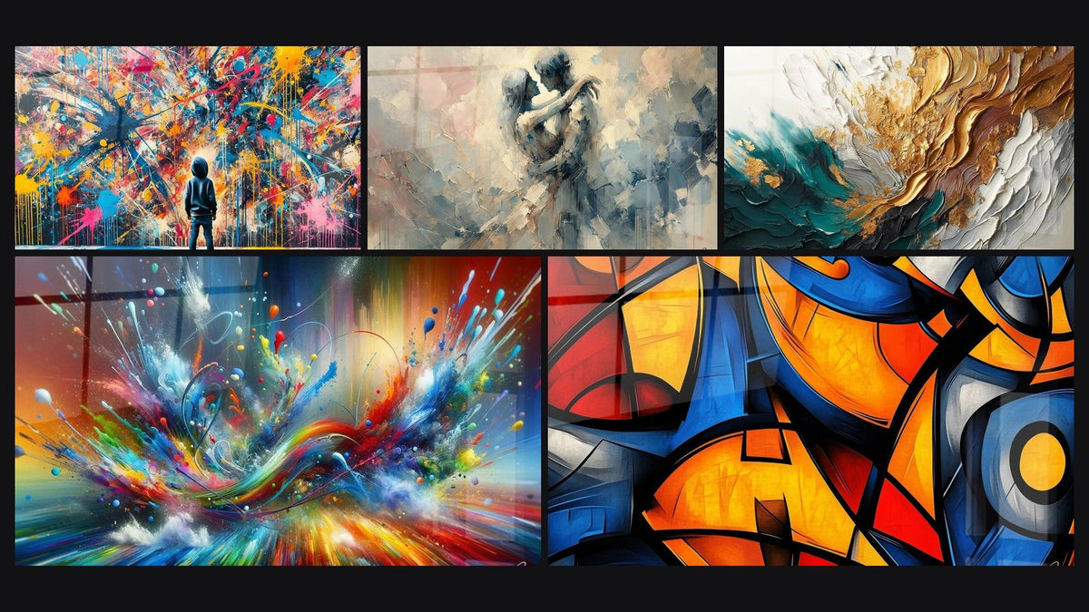 Mosaico di cinque quadri, tra cui Schizzi di Pittura, Tra Noi e Traccia in Oro e Giada