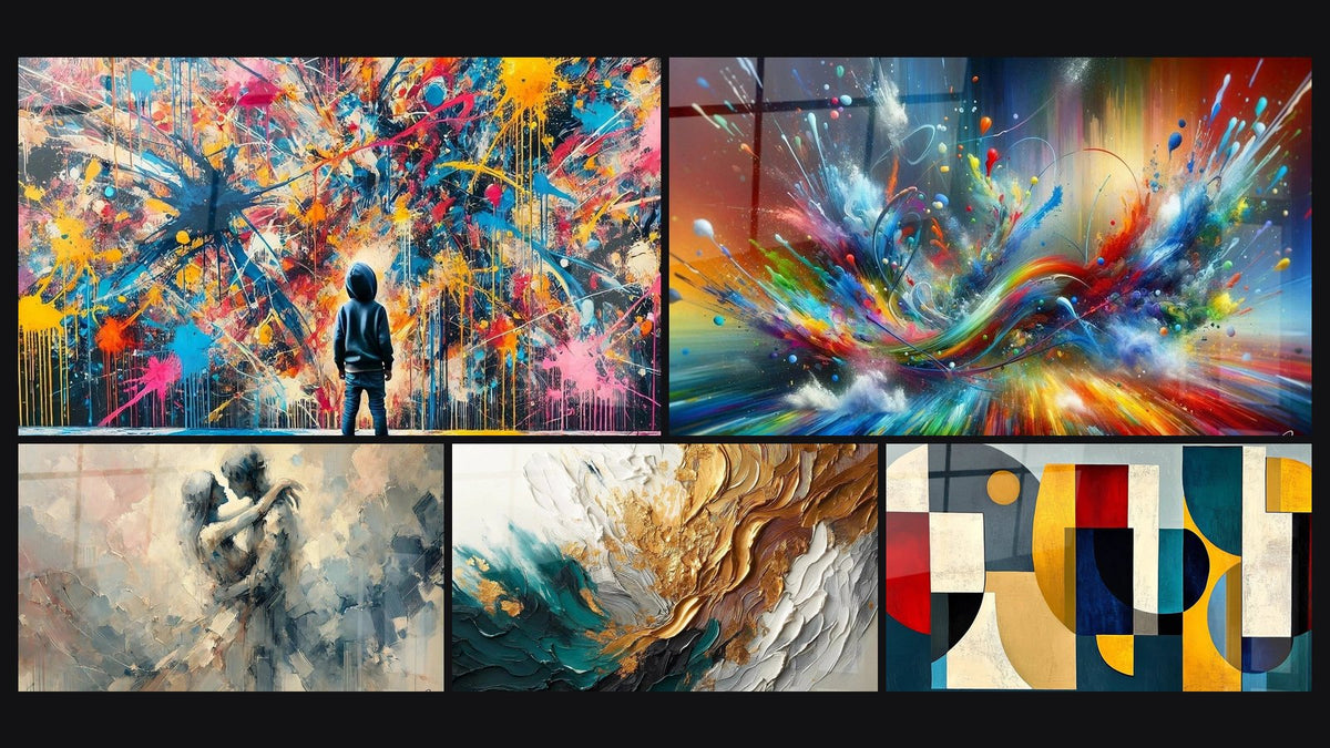 Mosaic of five paintings, including Paint Bursts, Between Us and Trace Artwork in Gold and Jade