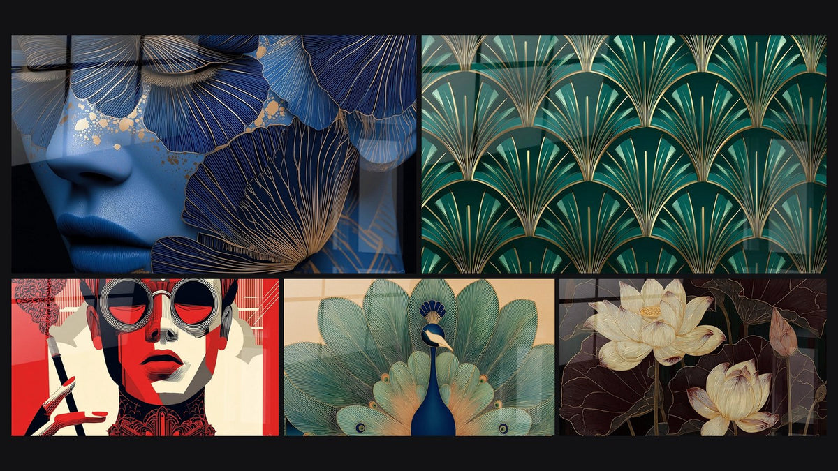 Mosaic of five paintings, including Woman with Blue Ginkgo, Deco Pattern and Woman Portrait Sunglasses
