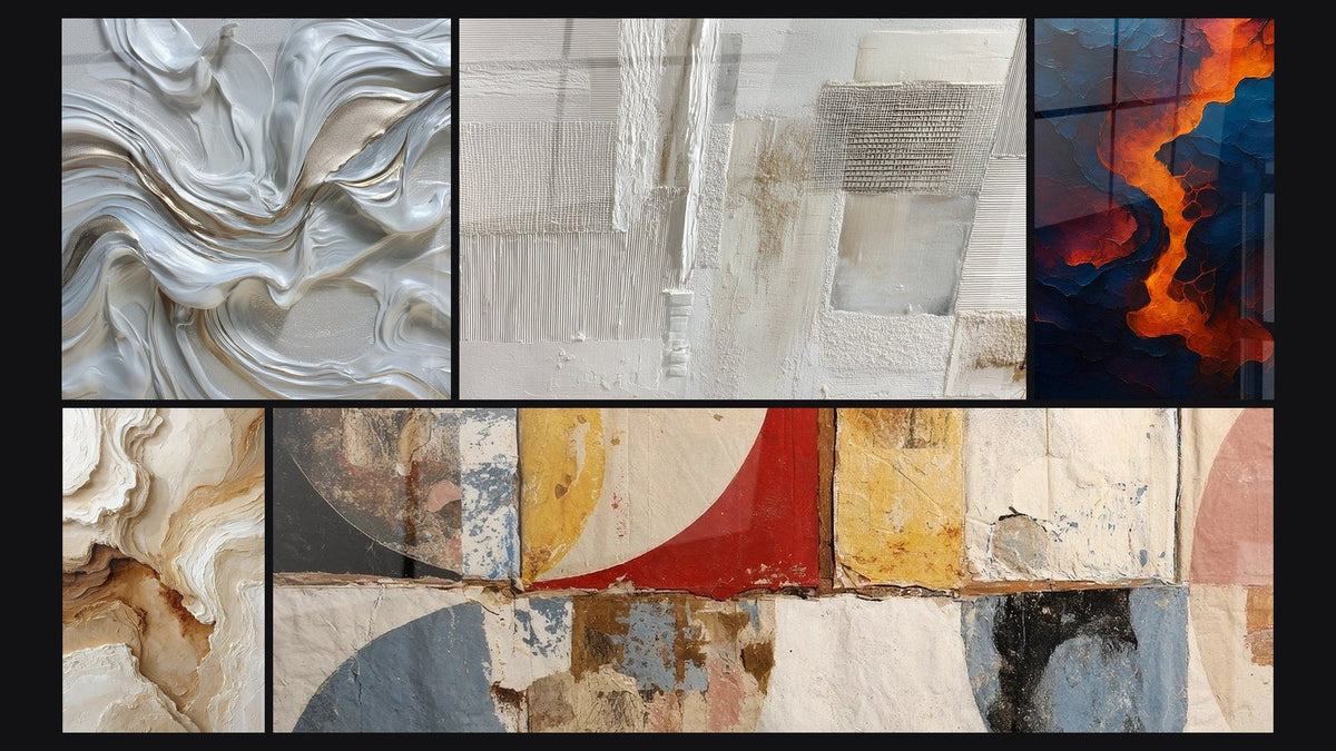 Mosaik aus fünf Gemälden, darunter Blut der Erde und Geometrische abstrakte Formen
