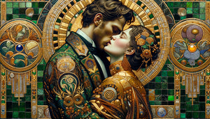 Baiser passionné style Gustav Klimt, motifs dorés byzantins Art Nouveau, étreinte intime ornementale Sécession viennoise début 20ème siècle