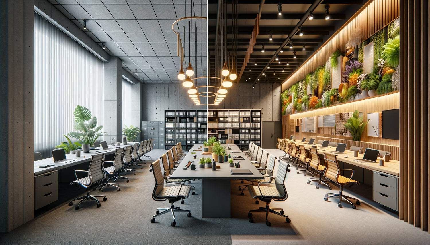 Comparaison visuelle entre une salle de réunion grise des années 1980 et un espace moderne inspirant et coloré