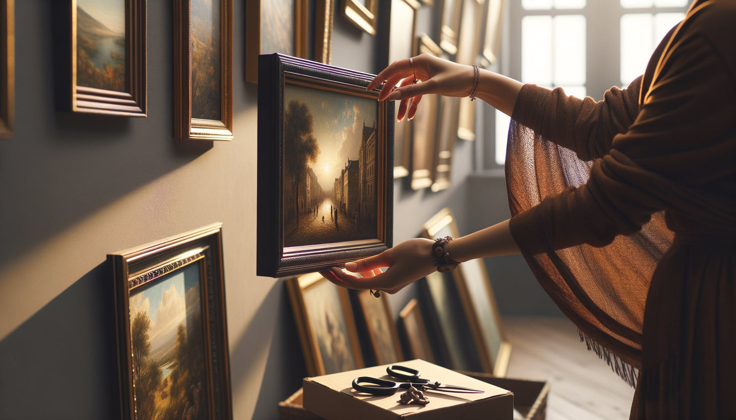 Mains changeant délicatement des tableaux sur un mur, illustrant l'évolution et la rotation d'une collection artistique personnelle