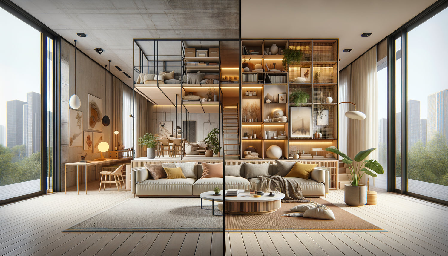 Intérieur évolutif montrant la transformation d'un espace de vie avec design adaptable et modulable