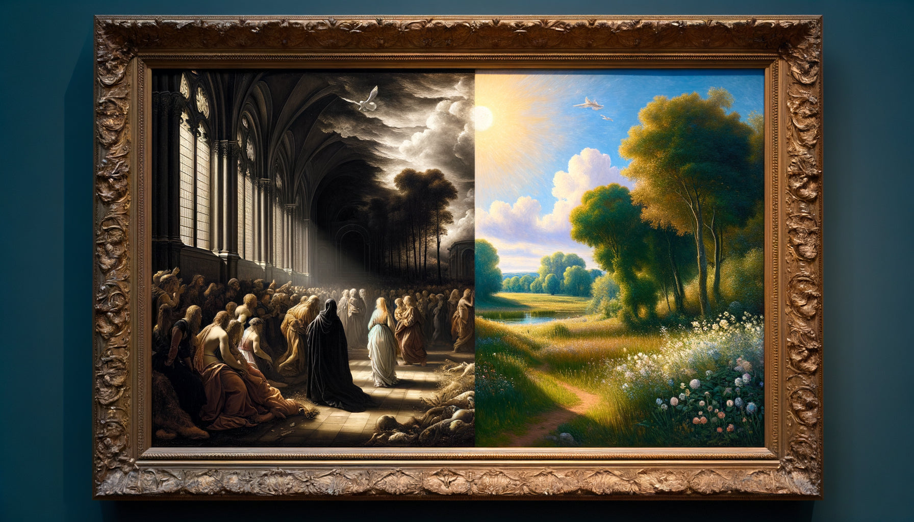 Comparaison visuelle entre paysage Renaissance en arrière-plan et paysage impressionniste autonome illustrant l'évolution du genre pictural