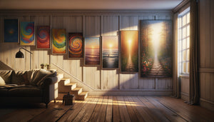 Mur domestique présentant une collection de tableaux reflétant l'évolution personnelle à travers différents styles et périodes de vie