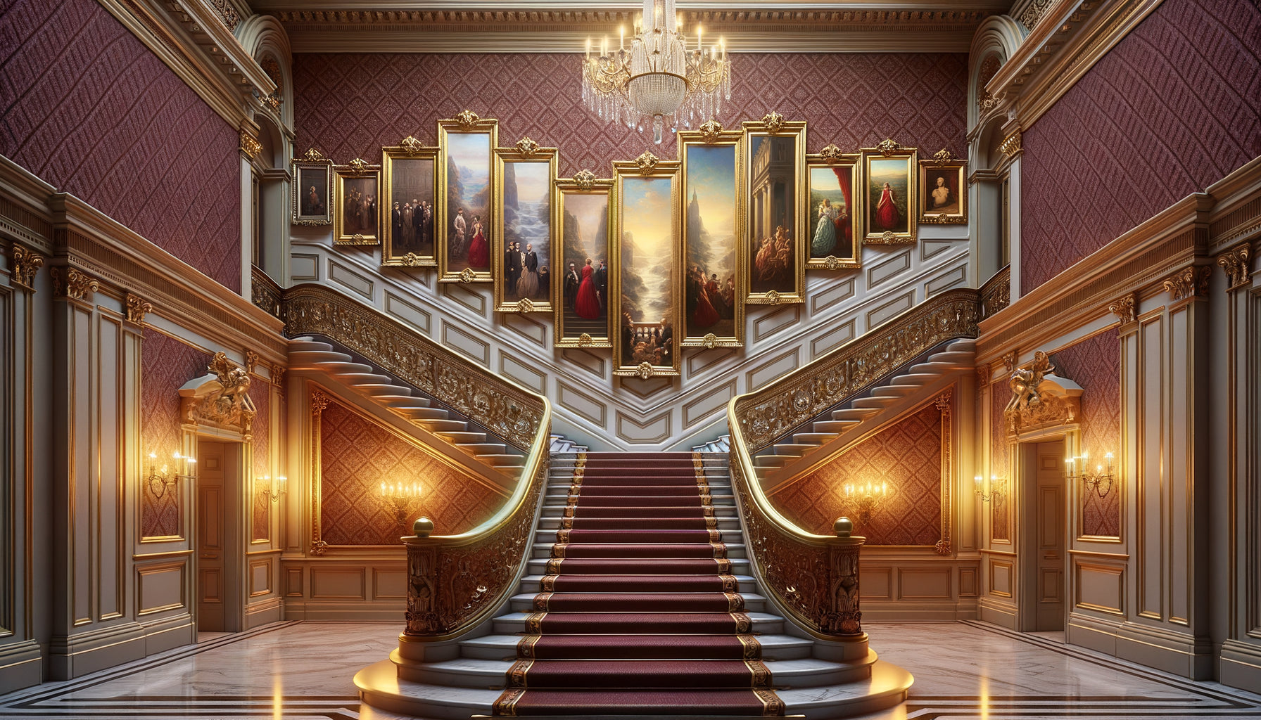 Escalier de palace européen montrant l'évolution des tableaux muraux du grandiose au hall vers l'intimité des étages