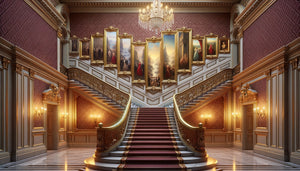 Escalier de palace européen montrant l'évolution des tableaux muraux du grandiose au hall vers l'intimité des étages