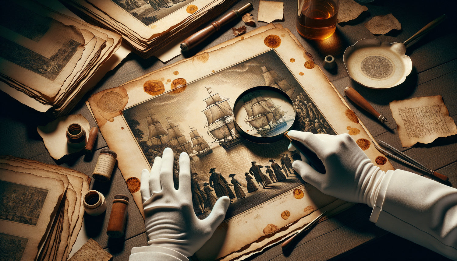 Examen professionnel d'une gravure ancienne avec loupe révélant foxing et détails d'impression sur papier vergé