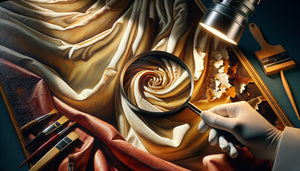 Examen professionnel d'une peinture à l'huile représentant un tissu avec lumière rasante pour détecter les craquelures