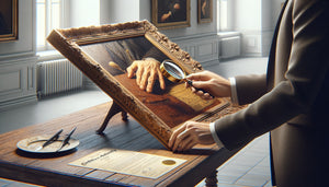 Examen minutieux d'un tableau à l'huile en galerie avec loupe, inspection de la matière picturale et documents de provenance