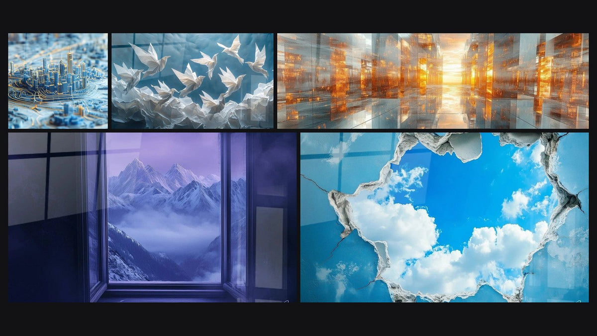 Mosaïque de cinq tableaux, dont Ville Rêve d'acier bleu, Origami Danse de papier et Montagne Rêve d'altitude