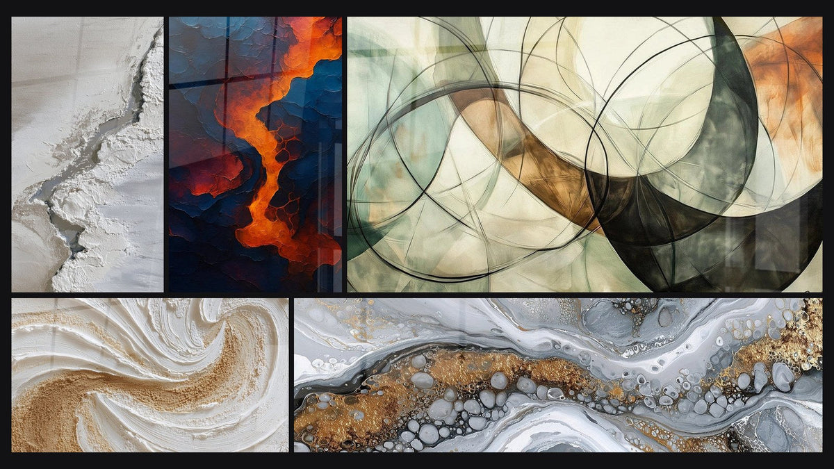Mosaic of five paintings, including Blood of the Earth, Fluid Abstract Wall Art Gray and Gold and The Invisible Bonds